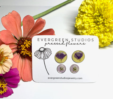 Real Flower Stud Earring Set - Yellow & Lavender