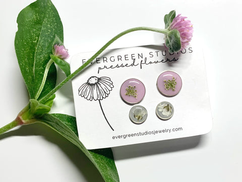 Real Flower Stud Earring Set - Lavender & Gray