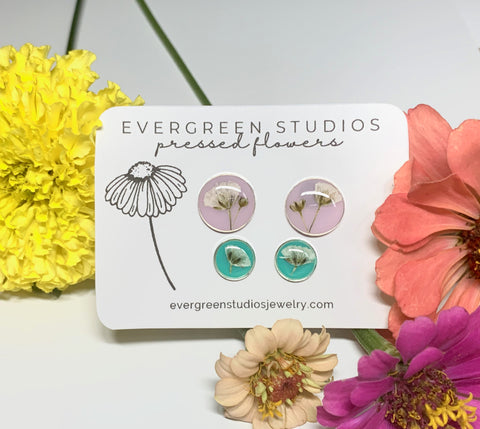 Real Flower Stud Earring Set - Lavender & Teal