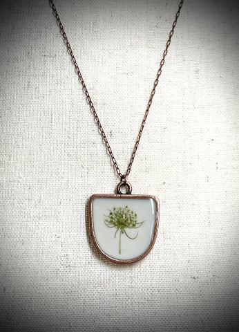 Queen Annes Lace on White - Half Oval Necklace