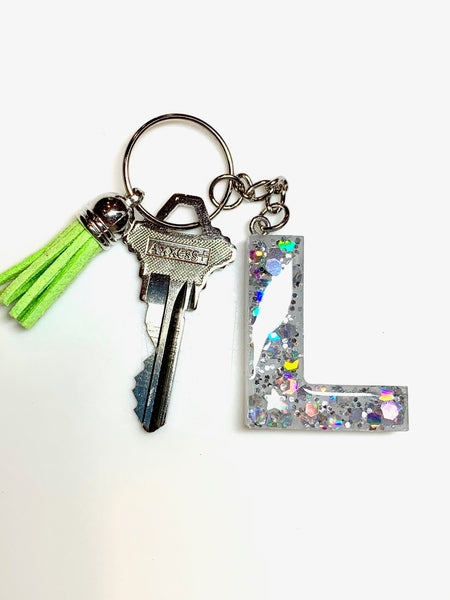 Silver Glitter Initial Keychain