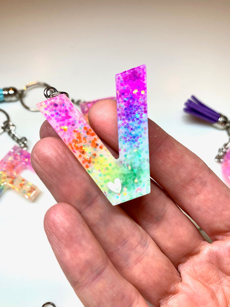 Rainbow Glitter Initial Keychain