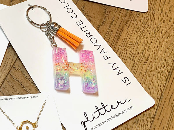 Rainbow Glitter Initial Keychain