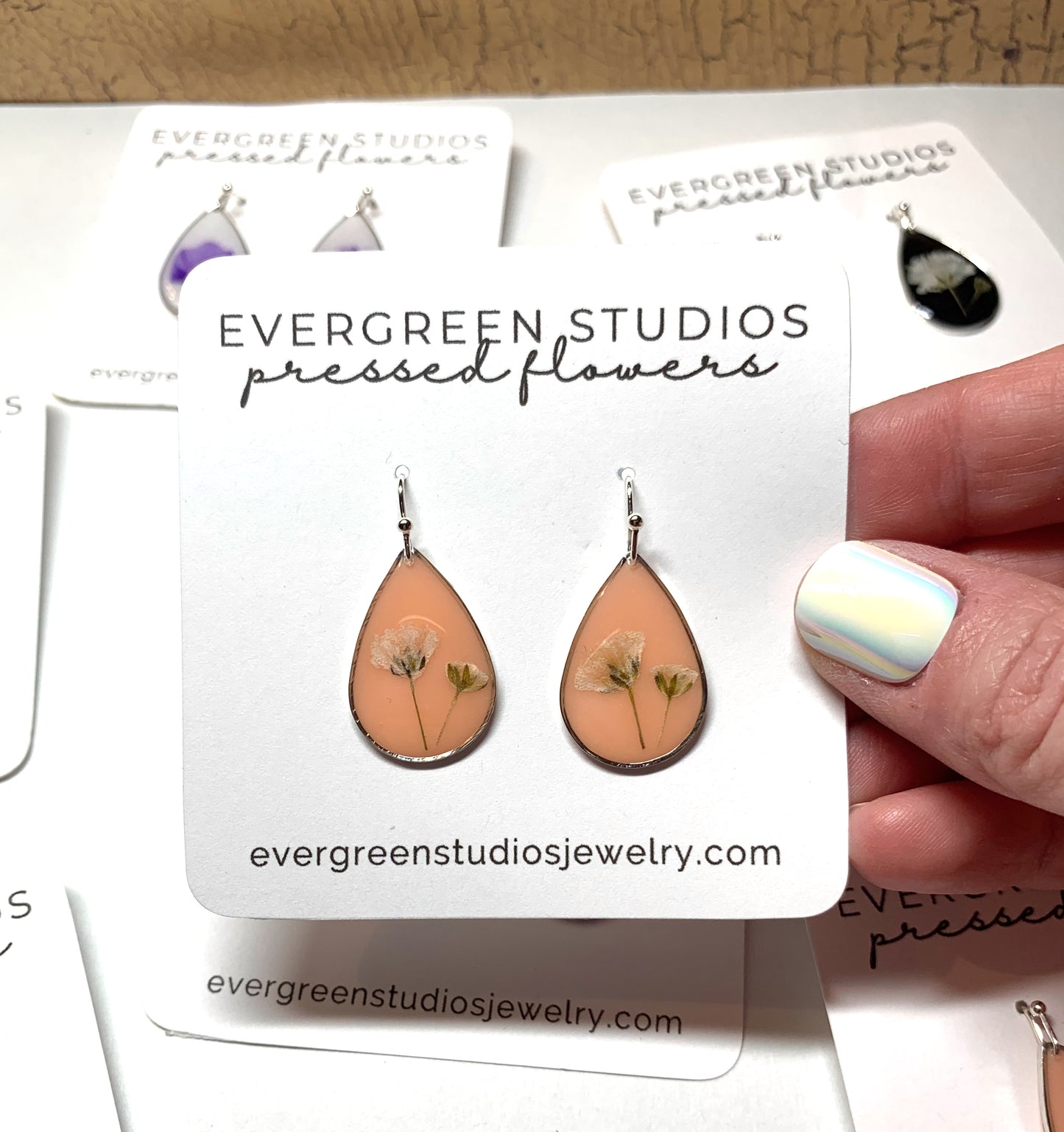 Real Pressed Flower Teardrop Earrings - Peach