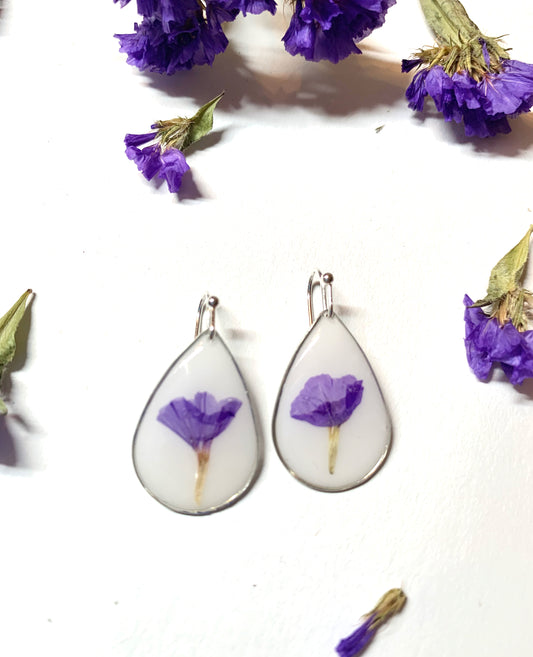 Real Pressed Flower Teardrop Earrings - Purple Statice