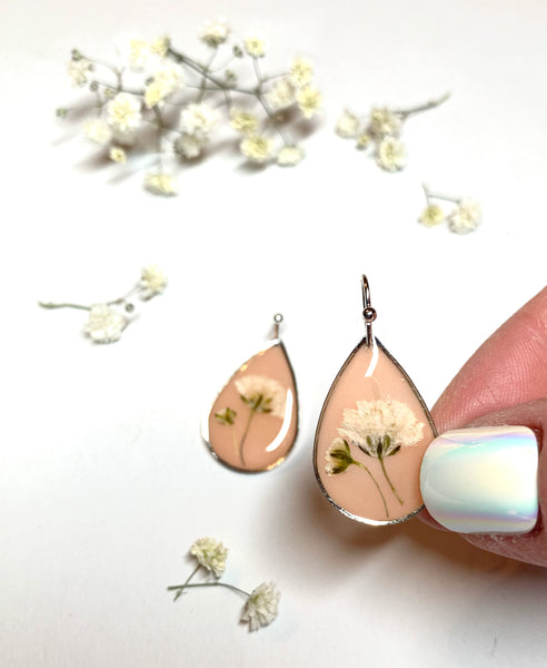 Real Pressed Flower Teardrop Earrings - Peach