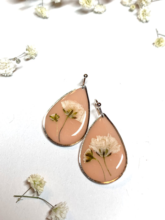 Real Pressed Flower Teardrop Earrings - Peach