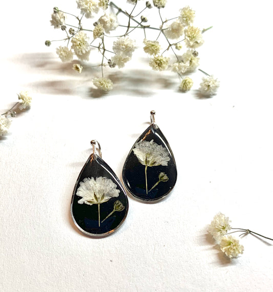 Real Pressed Flower Teardrop Earrings - Black