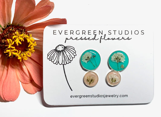 Real Flower Stud Earring Set - Teal & Peach