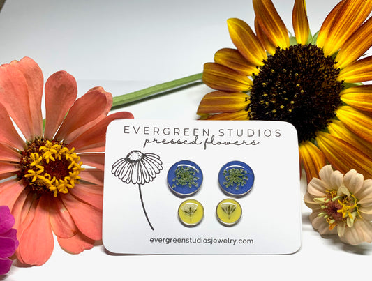 Real Flower Stud Earring Set - Blue & Yellow