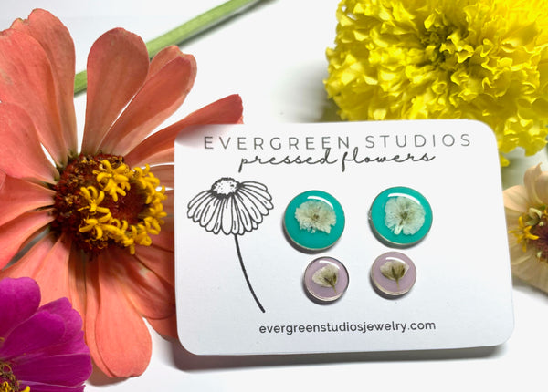 Real Flower Stud Earring Set - Teal & Lavender