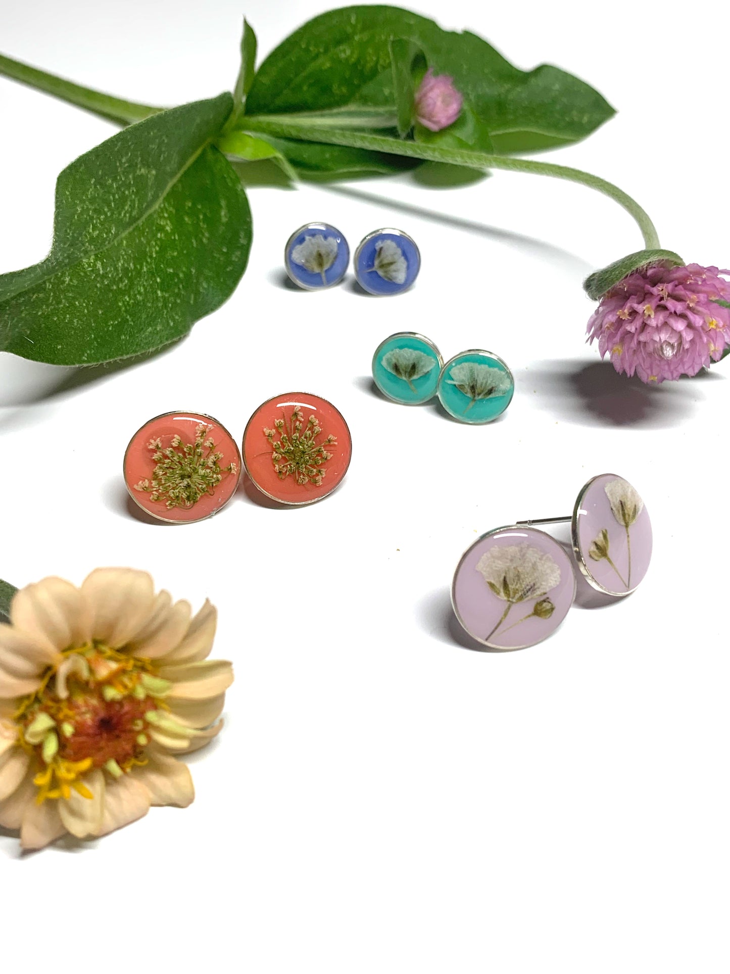 Real Flower Stud Earring Set - Teal & Lavender