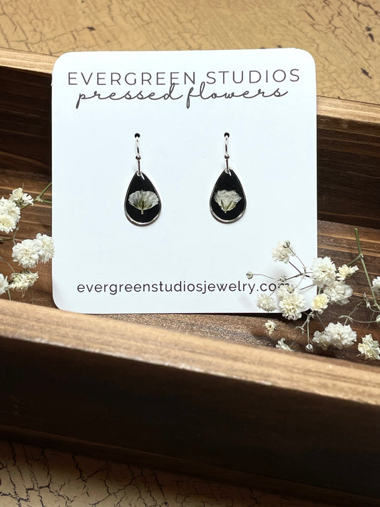 Real Pressed Flower Small Teardrop Earrings - Black Baby’s Breath