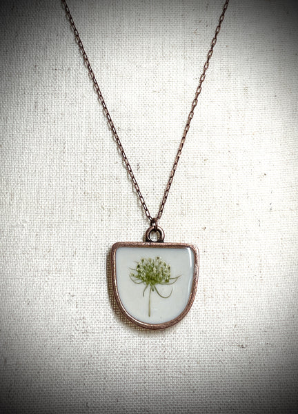 Queen Annes Lace on White - Half Oval Necklace