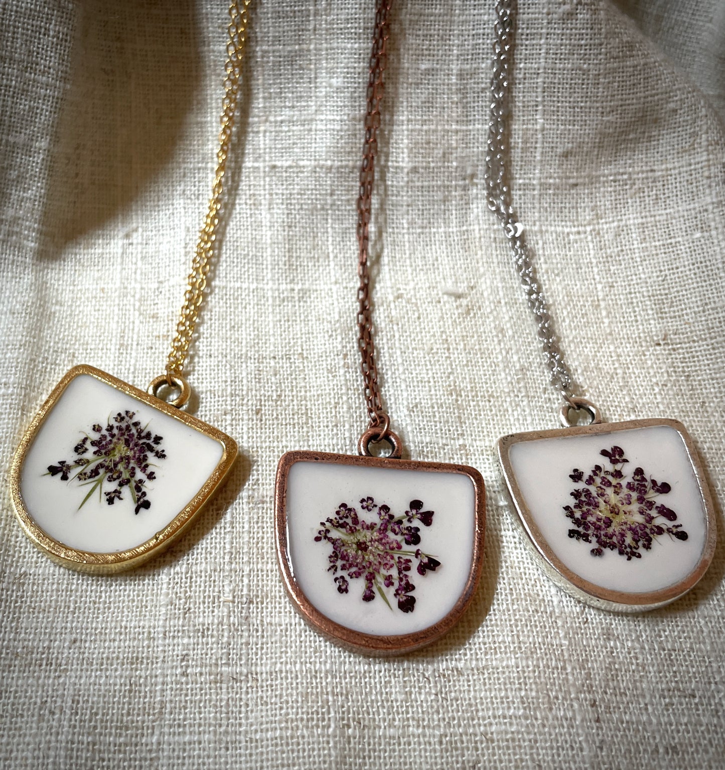 Chocolate Queen Annes Lace on White - Half Oval Necklace