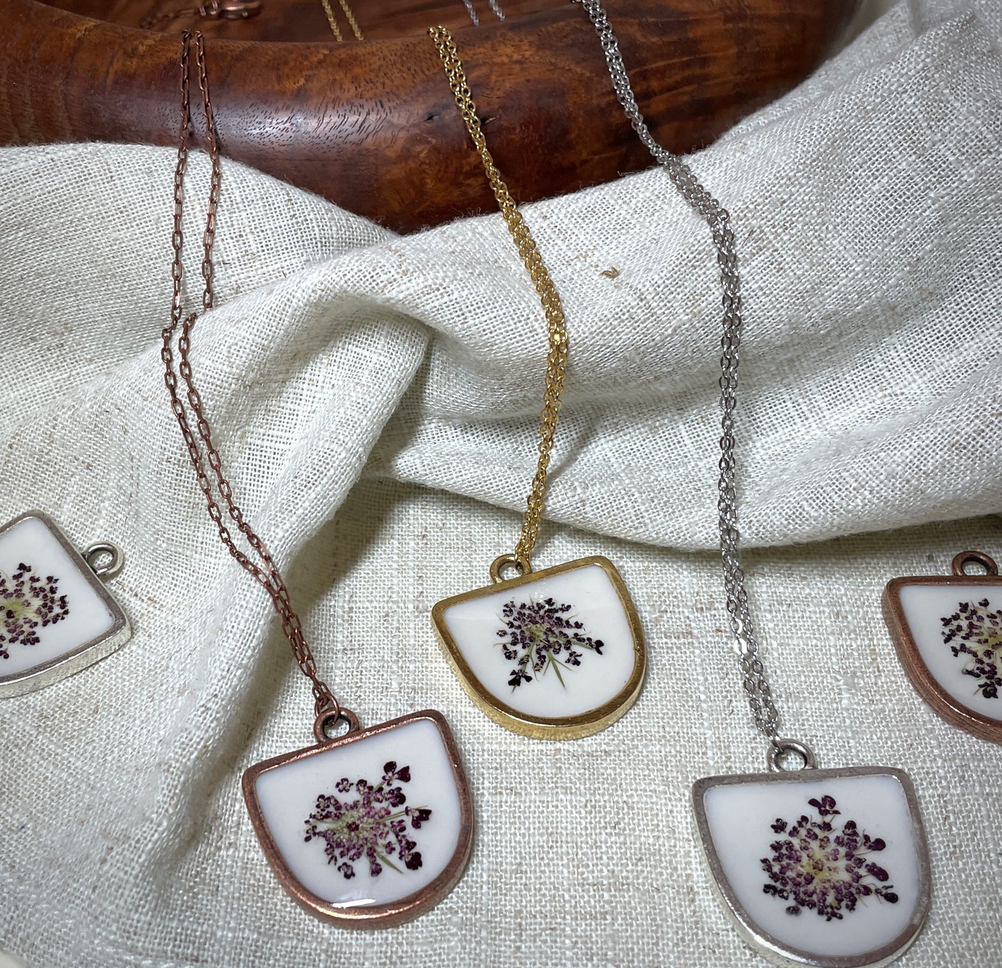 Chocolate Queen Annes Lace on White - Half Oval Necklace